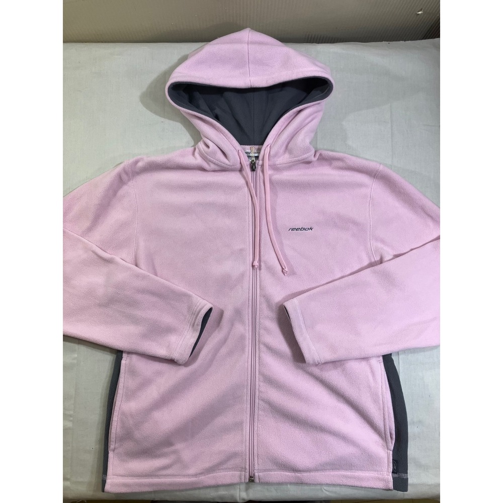 Reebok Womens Pink Fleece Full Zip Hoodie Jacket Gray Trim Size M RN 69421